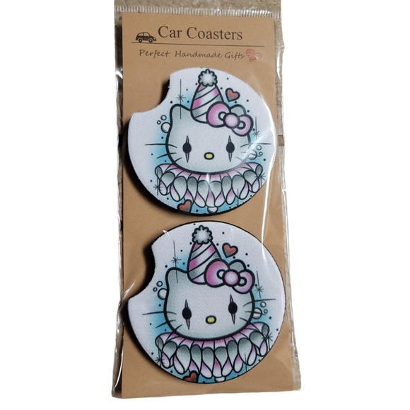 Kitty Clown Handmade Reuseable Neoprene Set of 2 Car Coasters - Picture 4 of 4